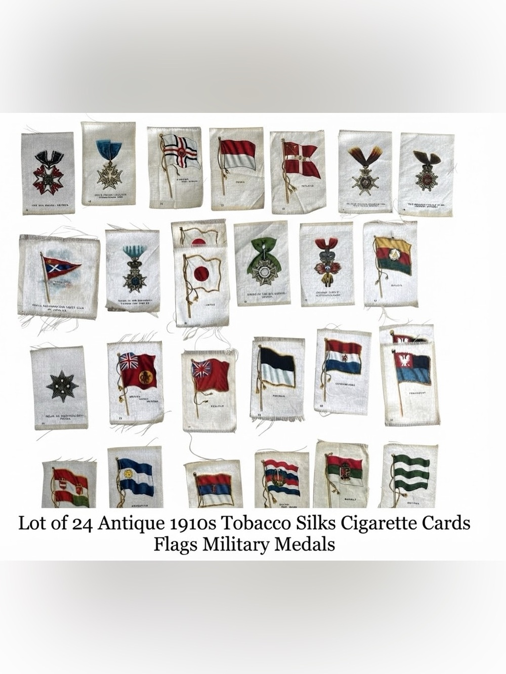 Lot of 24 Antique 1910s Tobacco Silks Cigarette Cards Flags Military Medals